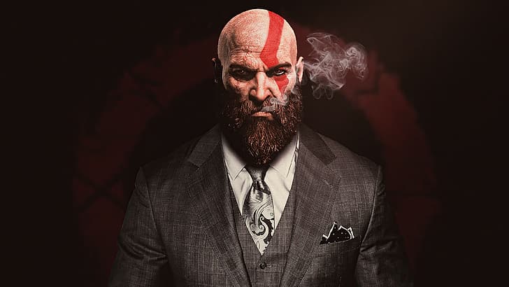 Kratos, suitcase, God of War (2018), digital, beard, artwork, circle, smoke, digital art, Games posters, HD wallpaper