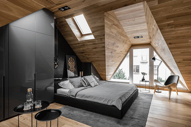 lamp, bed, picture, chair, window, wardrobe, design, interior, attic, bedroom, the apartment is in the attic, the loft apartment, mansard, attic bedroom, HD wallpaper