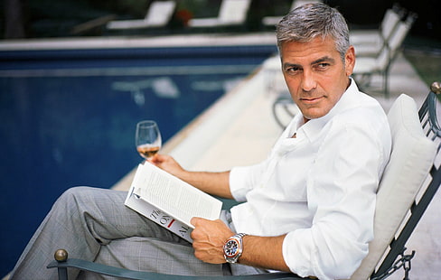 George Clooney Whisky bevente, camicia da uomo bianca, celebrità maschili, George Clooney, hollywood, attore, americano, Sfondo HD HD wallpaper