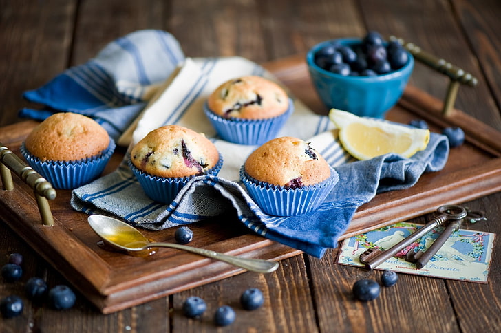 muffins, food, spoons, keys, berries, blueberries, lemons, HD wallpaper