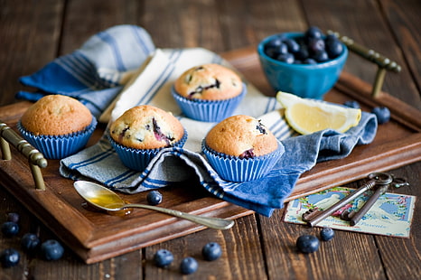 muffin, makanan, sendok, kunci, beri, blueberry, lemon, Wallpaper HD HD wallpaper