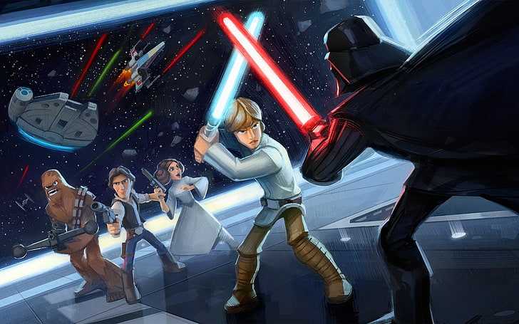 Star Wars, Han Solo, Luke Skywalker, Darth Vader, Princess Leia, Chewbacca, Millennium Falcon, lightsaber, Disney, HD wallpaper