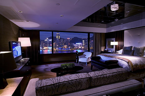 Interior bedrom, interior, bedrom, city, bedroom, bed, sofa, Lamp, TV, curtains, window, HD wallpaper HD wallpaper