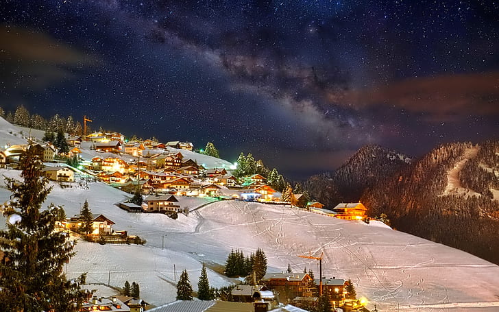 Inverno, montanhas, céu, noite, estrelas, casas, luzes, Inverno, montanhas, céu, noite, estrelas, casas, luzes, HD papel de parede