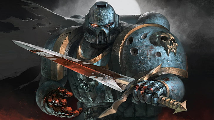 метален брониран войн, държащ нож дигитален тапет, Warhammer 40 000, HD тапет