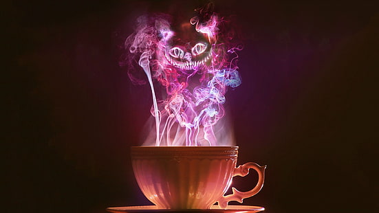 vit keramisk mugg, te, rök, Alice i underlandet, Cheshire Cat, fantasikonst, HD tapet HD wallpaper