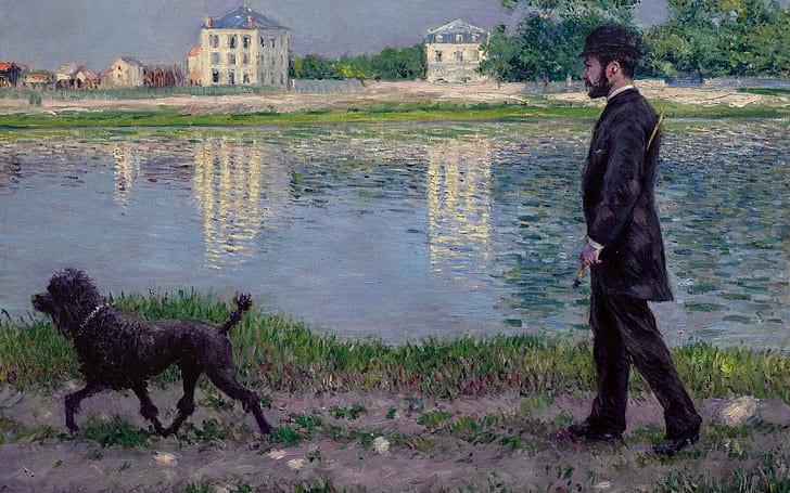 Fransk målare, Gustave Caillebotte, 1884, olja på duk, vid floden Seine nära Petit Gennevilliers, Richard Gallo och hans hund Dick, vid floden Seine nära Gennevilliers, HD tapet