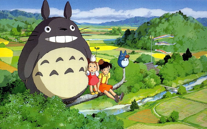 boy sitting on tree branch illustration, Movie, My Neighbor Totoro, Anime, Mei Kusakabe, Mini Totoro (My Neighbor Totoro), Satsuki Kusakabe, Totoro (My Neighbor Totoro), HD wallpaper