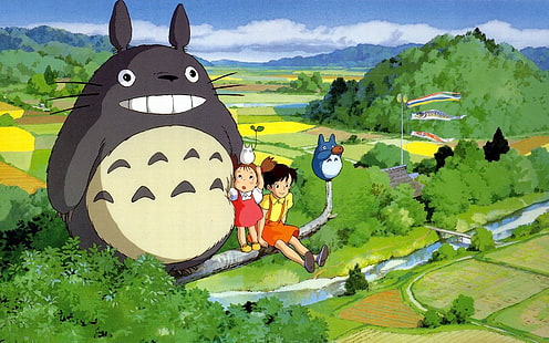 boy sitting on tree branch illustration, Movie, My Neighbor Totoro, Anime, Mei Kusakabe, Mini Totoro (My Neighbor Totoro), Satsuki Kusakabe, Totoro (My Neighbor Totoro), HD wallpaper HD wallpaper