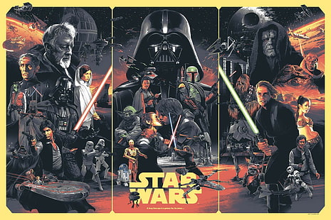 Jaba Hut, Ewok, film afişi, Darth Vader, Büyükanne Tarkin, Han Solo, Luke Skywalker, R2-D2, Yıldız Savaşları, stormtrooper, Yoda, Leia Organa, Boba Fett, Obi-Wan Kenobi, kolaj, HD masaüstü duvar kağıdı HD wallpaper