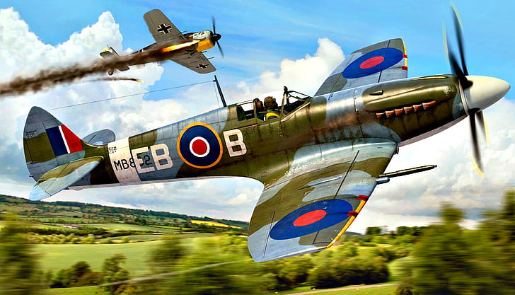 drzewa, Spitfire, Supermarine Spitfire Mk.XII, przechwytywanie, Dzierzba, Fw.190A, na małej wysokości, Albion, Tapety HD