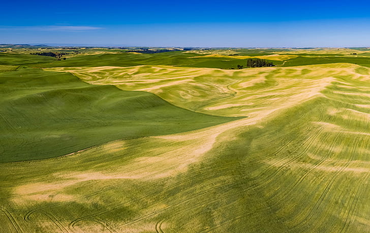brown sand photographt, Palouse, Aerial, brown, sand, summer, united states, usa, washington, explore, agriculture, nature, field, rural Scene, landscape, farm, land, hill, scenics, landscaped, green Color, val d'Orcia, outdoors, tuscany, HD wallpaper