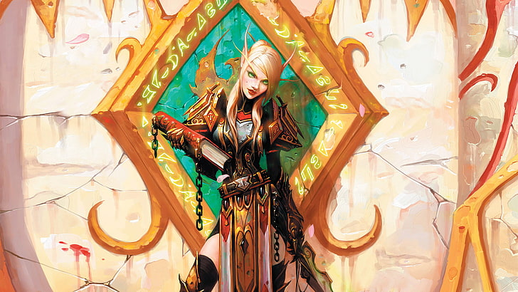 personaggio femminile anime con sfondo di armi, World of Warcraft, elfi sanguigni, videogiochi, Elfo del sangue, elfi, donne, giochi per PC, fantasy art, fantasy girl, occhi verdi, Sfondo HD