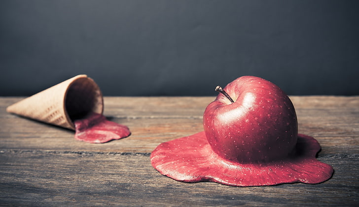 rött äpple och glasskotte, äpple, glass, hud, horn, våffla, HD tapet