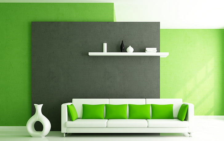 Sofa und Kissen im grünen Innenraum, weiße Ledercouch und sechs grüne Wurfskissen, anderes, Grün, Sofa, Innenraum, Kissen, HD-Hintergrundbild