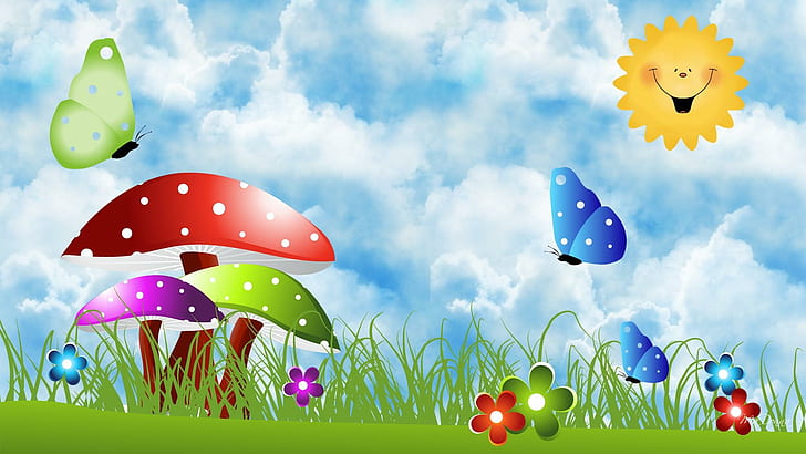 Perfekt sommardag, paddapallar, solsken, äng, svamp, gräs, ljusa, blommor, vår, färgglada, sommar, HD tapet