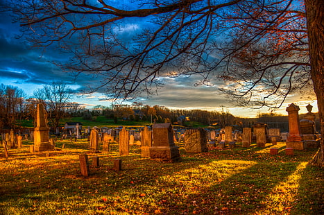 timelapse photography of cemetery during sunset, Graveyard, Halloween, timelapse photography, cemetery, sunset, Night, Trick  or  Treat, NJ, New  Jersey, Kids, Costume, Grave, Tombstones, Friday  The  13th, tombstone, autumn, tree, nature, outdoors, HD wallpaper HD wallpaper