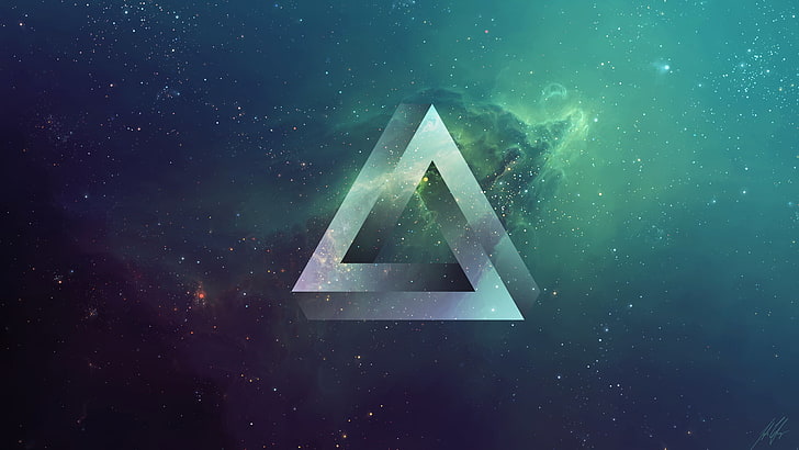 бело-зеленые обои с логотипом треугольника, треугольник, космос, TylerCreatesWorlds, треугольник Пенроуза, HD обои