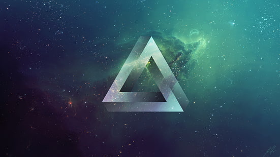 бело-зеленые обои с логотипом треугольника, треугольник, космос, TylerCreatesWorlds, треугольник Пенроуза, HD обои HD wallpaper