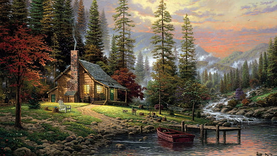 トーマス・キンケイド、静かな森、家、犬、風景、トーマス・キンケイド、静かな森、家、風景、 HDデスクトップの壁紙 HD wallpaper