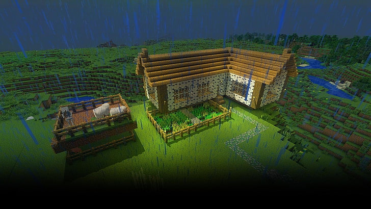 Minecraft, pioggia, cottage, fattoria, paesaggio, Sfondo HD