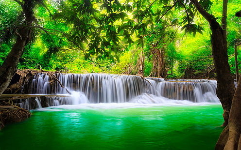 شلال النهر الأخضر كانشانابوري تايلاند خلفية جميلة للهواتف المحمولة والكمبيوتر اللوحي والكمبيوتر المحمول 3840 × 2400، خلفية HD HD wallpaper
