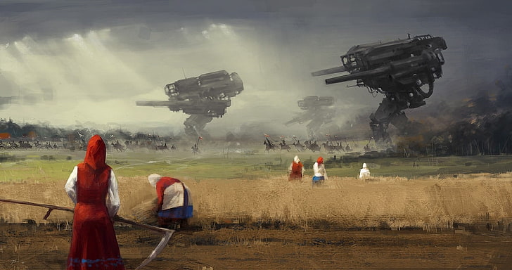 Gemälde von Bauern vor Tornados, Dystopen, Science-Fiction, HD-Hintergrundbild