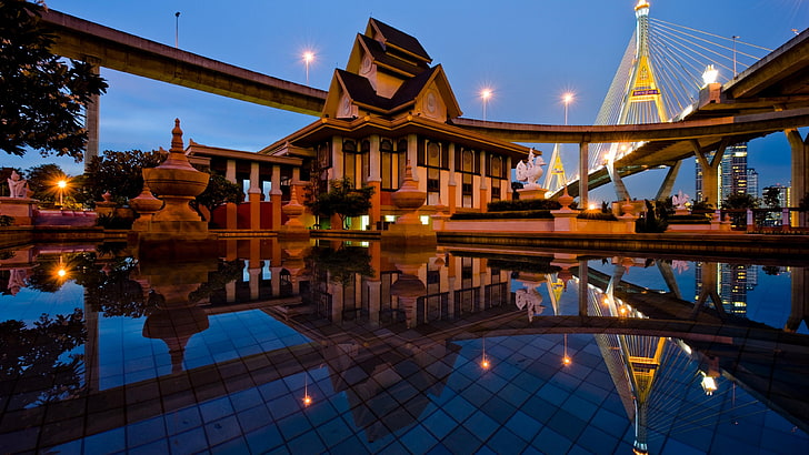 city, park, samut prakan, lat pho park, asia, bhumibol bridge, museum, bangkok, thailand, reflection, pool, night, lighting, evening, sky, tourist attraction, water, landmark, HD wallpaper