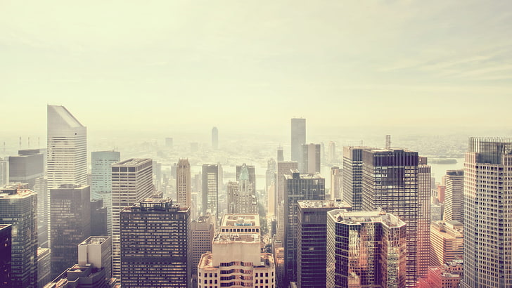 edificios grises de gran altura, la ciudad, vista, rascacielos, nueva york, Fondo de pantalla HD