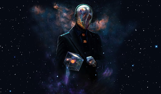person wearing suit jacket and outer space digital wallpaper, space, universe, suits, helmet, cube, artwork, futuristic, Dan Luvisi, Last Man Standing: Killbook of a Bounty Hunter, space art, abstract, surreal, reflection, HD wallpaper HD wallpaper