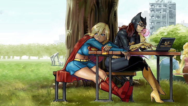 Supergirl, Batgirl, artwork, DC Comics, park, superheroines, HD wallpaper