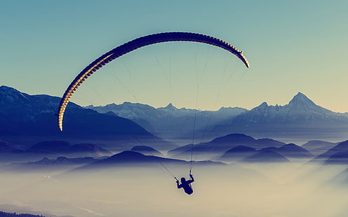 силуэт человека верхом на парашюте, парапланеризм, небо, полёт, HD обои HD wallpaper