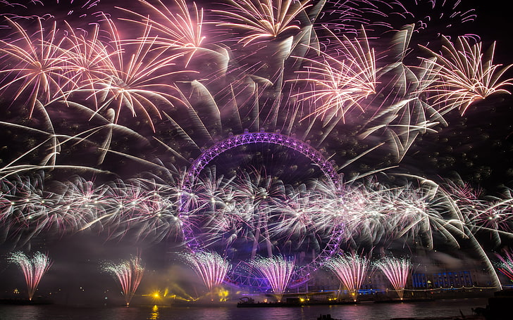 Nochevieja-Fuegos artificiales de Londres iluminando el cielo-Rueda de la fortuna-HD Wallpaper-3200 × 2000, Fondo de pantalla HD