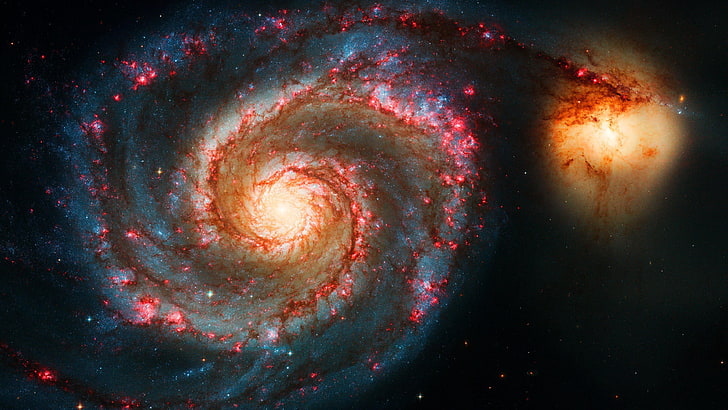 galaxy, universe, space, messier 51, atmosphere, spiral galaxy, astronomical object, astronomy, whirlpool galaxy, outer space, whirlpool, m51, ngc 5194, sky, HD wallpaper