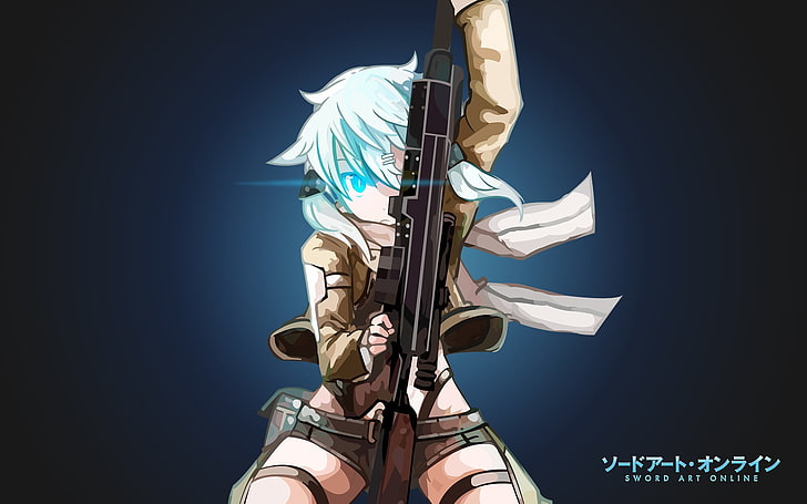 Sinon del fondo de pantalla de SAO, Sword Art Online, Asada Shino, chicas anime, arma, fondo simple, cabello azul, Fondo de pantalla HD