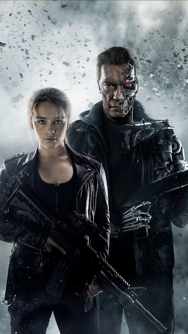 Списание Terminator Genisys 2015, мъж и жена, държащи тапет за филм с пушка, Филми, Холивудски филми, Холивуд, Terminator Genisys, HD тапет, тапет за телефон