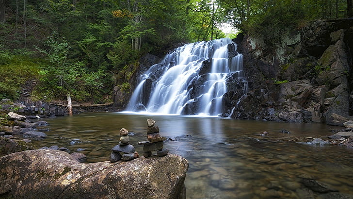 Robertson Creek Falls, Algoma Highlands, wodospady otoczone drzewami i skałami, Kanada, rzeka, las, wodospad, kamienie, Ontario, Robertson Creek Falls, Algoma Highlands, Inuksuk, Tapety HD