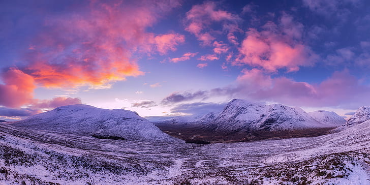 śnieżny krajobraz górski, szkocja, szkocja, widok, Szkocja, góra śniegu, West Highlands, Glencoe, Buachaille Etive Mor, Beinn a'Chrulaiste, diabelskie schody, krajobraz, góra, natura, śnieg, szczyt górski, zachód słońca, niebo, na zewnątrz, scenics , chmura - niebo, zima, Tapety HD