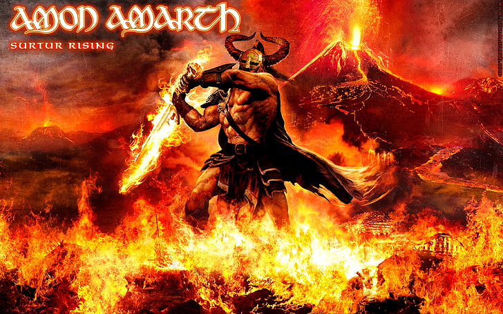 music, metal music, Amon Amarth, Vikings, heavy metal, fire, lava, horns, volcano, eruptions, HD wallpaper