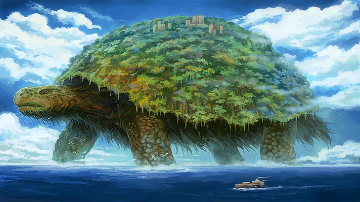floating green turtle island digital wallpaper, digital art, nature, landscape, sea, animals, turtle, trees, ship, forest, building, clouds, birds, giant, waves, artwork, HD wallpaper