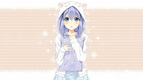 wallpaper karakter anime wanita berambut ungu, anime, gadis anime, Gochuumon wa Usagi Desu ka ?, Kafuu Chino, Tippy (gochuumon wa usagi desu ka?), rambut panjang, rambut ungu, mata biru, Wallpaper HD HD wallpaper