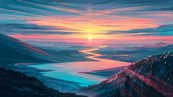 arte digital, ilustraciones, Aenami, puesta de sol, montañas, Fondo de pantalla HD HD wallpaper