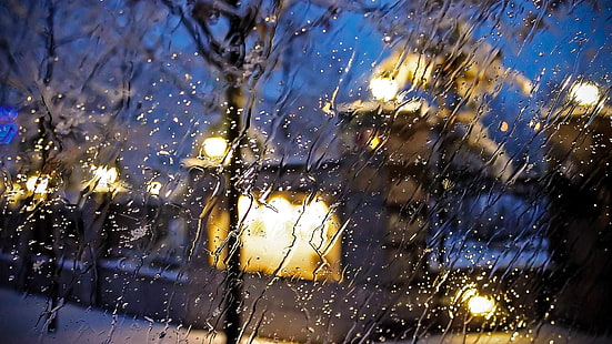 lighting, snow, rainy, rain, light, street lights, evening, lights, night, window, tree, bokeh lights, winter, bokeh, drop, street, glass, water, HD wallpaper HD wallpaper