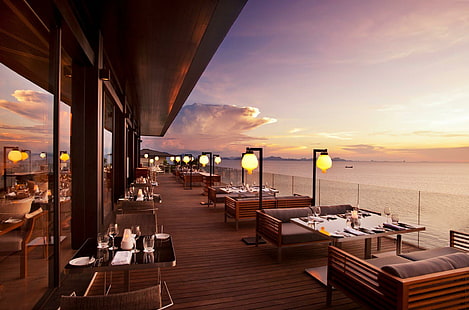 Sunset Dining by the Sea, tropicale, isole, cena, cena, tramonto, spiaggia, oceano, tramonto, tavolo per due, paradiso, sala da pranzo, ristorante, Sfondo HD HD wallpaper