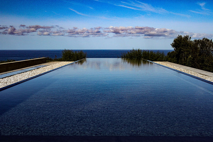 american war memorial, clouds, infinity pool, omaha beach, pebbles, reflection, theme calm, water, HD wallpaper