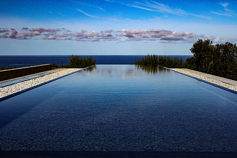 american war memorial, clouds, infinity pool, omaha beach, pebbles, reflection, theme calm, water, HD wallpaper HD wallpaper