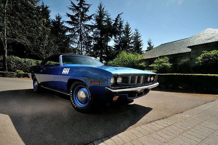 1971, blue, classic, convertible, cuda, hemi, muscle, old, original, plymouth, usa, HD wallpaper