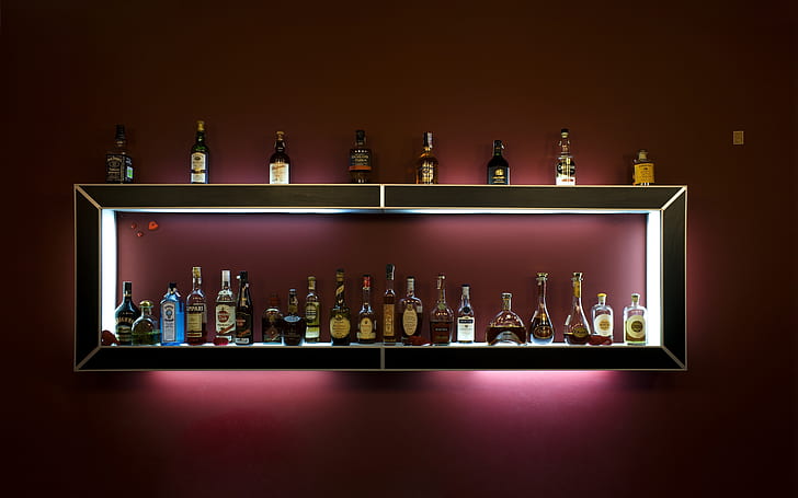 Bar aberto para bebidas, prateleira de parede preto e branco, escola, garrafas, HD papel de parede