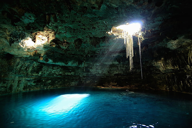 blue lagoon inside a cave, nature, landscape, cenotes, Mexico, sun rays, lake, water, erosion, underground, HD wallpaper