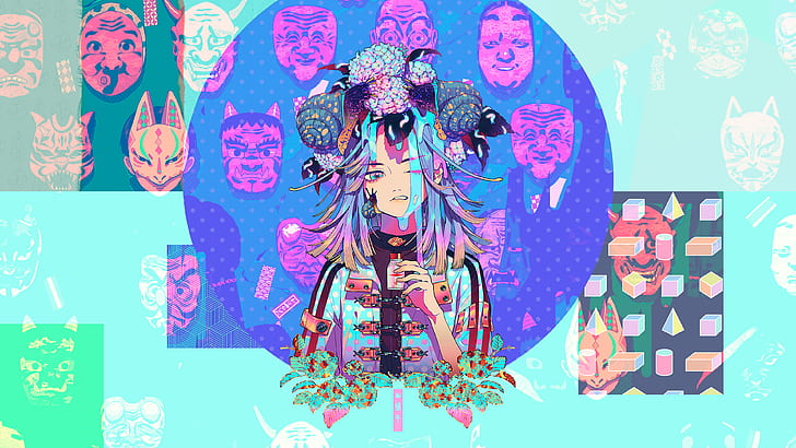 Akiakane, Oni-Maske, Originalfiguren, Schnecke, Anime-Mädchen, Anime, blaues Haar, bunt, blaue Augen, Maske, HD-Hintergrundbild